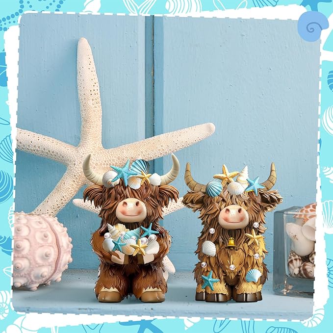 2 Pcs Coastal Christmas Highland Cow Decor Beach Ocean Themed Christmas Highland Cow Figurines Resin Starfish Seashellstatue Calf Lovers Gifts for Home Garden Kitchen Office Tiered Tray Table Decor