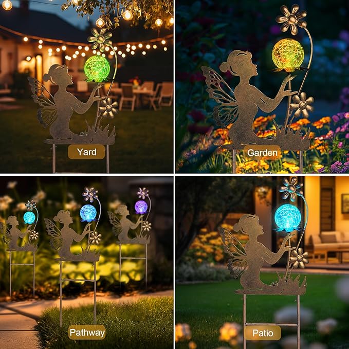 HONGLAND Fairy Solar Lights Garden Decor for Outside, Fairy Figurine Moon Lights Stake Housewarming Gifts for Patio Lawn Yard Pathway Outdoor Home Decor- Unique Gardening Gifts for Women Mom Grandma