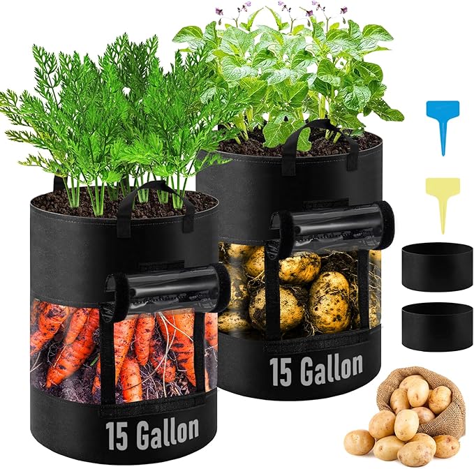 2 Pack 15 Gallon Black Potato Grow Bags with 360° Visible Flap Window,Thickened Potato Planter for Growing Potatoes,320g Heavy Duty Nonwoven Fabric Pots Plant Garden Bags to Grow Vegetables Tomato