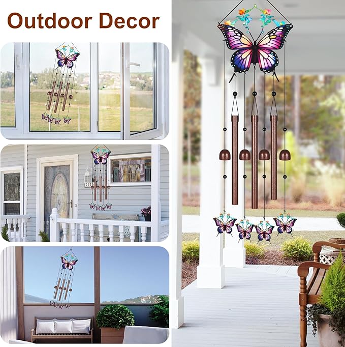Butterfly Wind Chimes for Outside,Metal Windchimes with S Hook with Playful Design Wind Chime Garden Decor Outdoor Ideal Memorial/Housewarming/Birthday/Festival Gifts Front Yard Decor