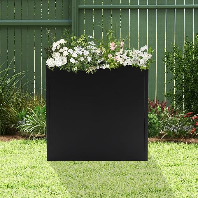 Metal Planter Box, Tall Rectangular Raised Garden Bed with Removable Shelf and Drainage Holes, Modern Steel Garden Planter, Flower Planter Boxes for Patio, Yard & Porch, Outdoor (Black, 28*12*28in)