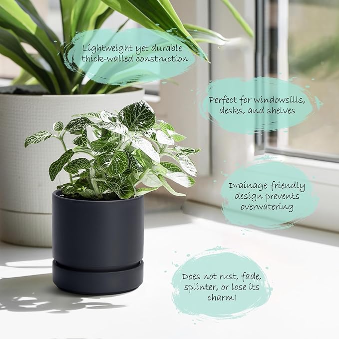 4 Inch Modern Plastic Round Pots for Indoor Houseplants and Herbs, Pack of 3 Planter Pot with Drainage Hole & Saucer, Deep Water Catch Tray, Straight Cylindrical Pot for Plants, Matte Black, 23-D-R-2