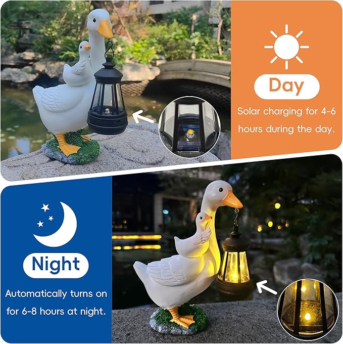 Solar Porch Goose Garden Statues - Goose Sculptures with Lantern Outdoor Decoration Waterproof Figurine Lights for Outside Patio Yard Decor Lawn Ornaments Birthday Gifts for Grandma Mom Women