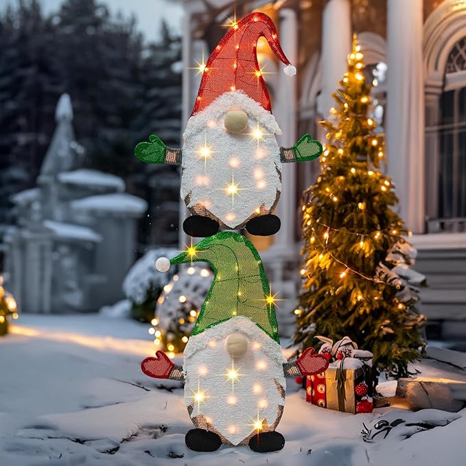 TW SHINE Set of 2 Lighted Christmas Gnomes Decorations, 50L 2 FT Stack-able Gnome Christmas Decor for Indoor Outdoor Festive Xmas Holiday Garden Yard Lawn
