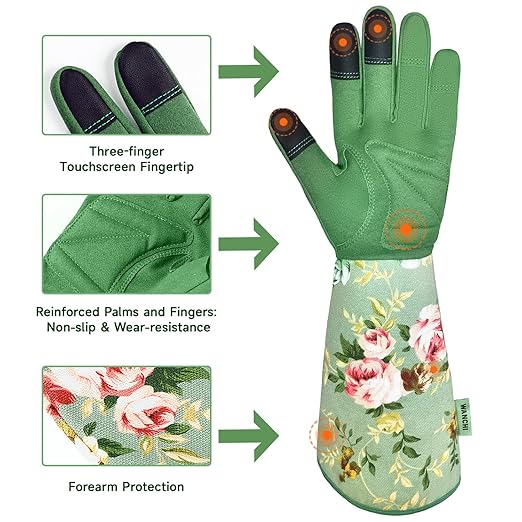 Garden Gloves, Long Sleeve Leather Gardening Gloves for Yard and Gardening Work, Gardening Gifts for Women, Cute, Comfortable, Durable, Green Print (Small)