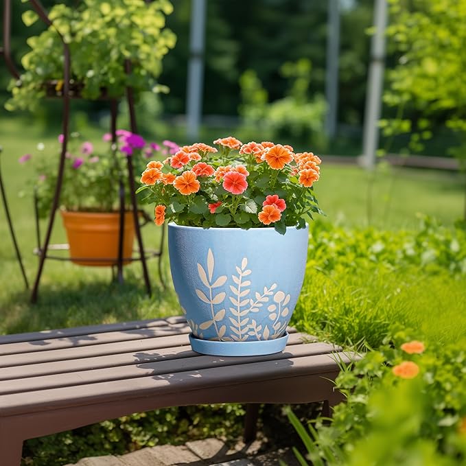 10 Inch Large Ceramic Plant Pot with Saucer - Round Planter with Drainage for Indoor Outdoor Plants, Boho Flower Pot, Home Office Room Garden Decor, Housewarming Gift, Blue