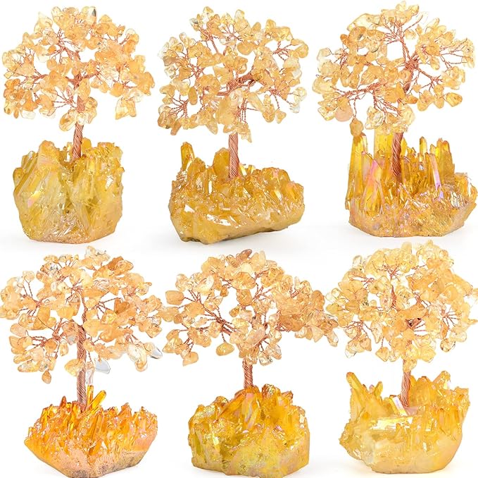 Natural Citrine Crystal Tree of Life,Quartz Cluster Yellow Titanium Base, Positive Energy Feng Shui Bonsai Money Tree Office Desk Home Decor for Wealth and Luck
