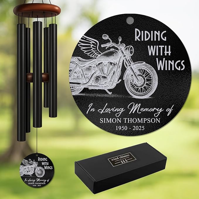 Personalized Motorcycle Memorial Wind Chime – “Riding with Wings” Custom Name & Years – Silver Engraved Biker Tribute – Outdoor Sympathy Gift – Memorial Windchimes for Loss of Loved One