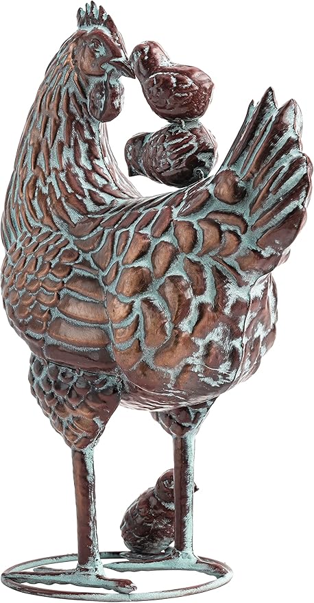 Metal Hen with Chicks Statues Yard Art, 13.5"x18" Metal Hen Chicken Figurine Decor, Vintage Outdoor Garden Statue Sculpture, Lifelike Garden Mother Hen & Baby Chick Sculptures for Chicken Lovers