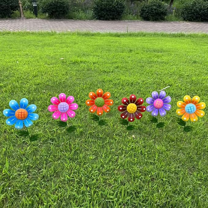 Metal Garden Flower Stakes, 16.5 Inch Decorative Outdoor Stakes with Colorful Flower Heads, 6 Pack Garden Yard Art Decor