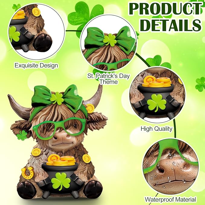 Karenhi 2 Pcs St. Patrick's Day Highland Cow Figurines Irish Shamrocks Leprechaun Green Highland Cow Gnomes Scottish Resin Statue Calf Lovers Gifts for Home Kitchen Office Tiered Tray Table Decor