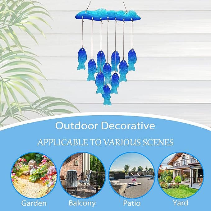Sea Glass Fish Wind Chimes for Outside, Windchimes Outdoors Unique, Patio Beach Outdoor Home Garden Decor, Windchimes Outdoors, Memorial Garden Christmas Decoration Gifts