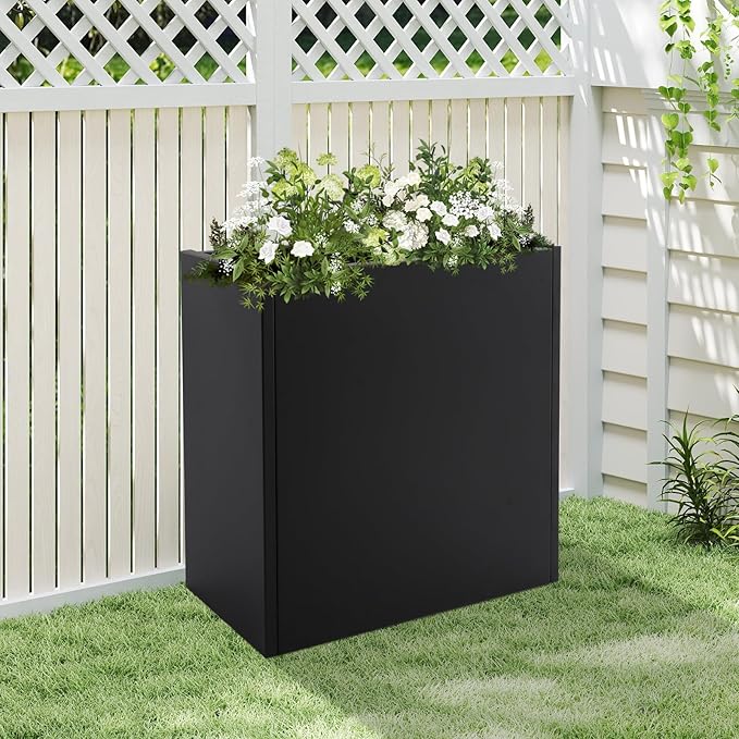 Metal Planter Box, Tall Rectangular Raised Garden Bed with Removable Shelf and Drainage Holes, Modern Steel Garden Planter, Flower Planter Boxes for Patio, Yard & Porch, Outdoor (Black, 28*12*28in)