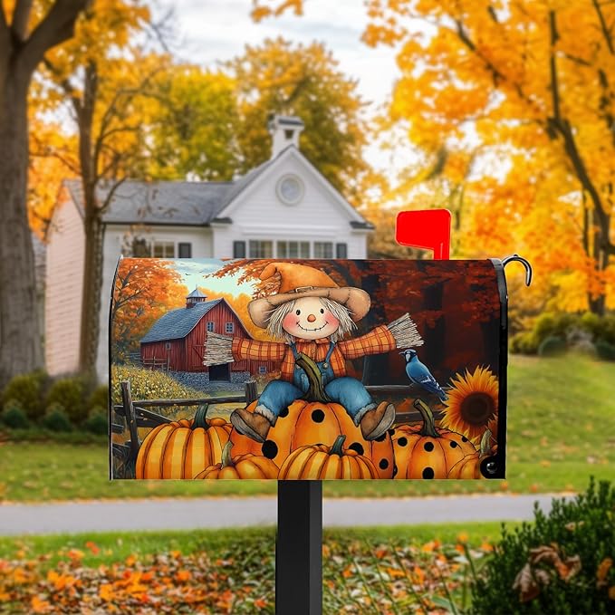 Fall Mailbox Covers Magnetic Scarecrow Pumpkin Mailbox Cover Standard Size 21x18 inch Harvest Autumn Sunflower Post Letter Box Cover Wrap for Outdoor Garden Decor Maple Leaves