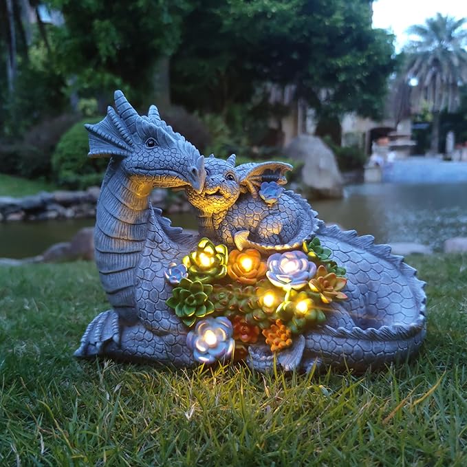 Solar Garden Statues Dragon Figurine Lights, Gardens Statue with Succulents and 6 LED Lights Yard Decorations Outdoor, Solar Light Garden Decor Unique Birthday Housewarming Gifts for Mom