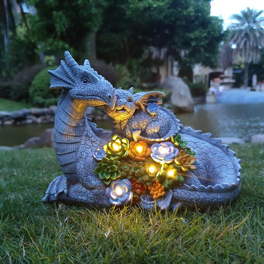 Solar Garden Statues Dragon Figurine Lights, Gardens Statue with Succulents and 6 LED Lights Yard Decorations Outdoor, Solar Light Garden Decor Unique Birthday Housewarming Gifts for Mom