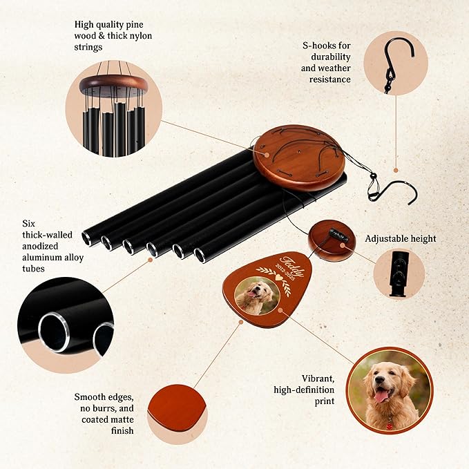 Personalized Pet Memorial Wind Chime with Photo - 37" Custom Pet Loss Gift with Name, Date & Quote - Drop Shape Wooden Pendant & Stainless Steel Tubes, Outdoor/Indoor Remembrance Wind Chime, Black D2