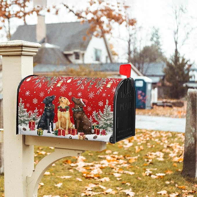 Christmas Dog Mailbox Cover with Magnetic 25.5x21 Inch Xmas Puppy Trees Winter Snowflakes Waterproof Mailbox Wrap Letter Post Cover Large Size for Garden Yard Outdoor New Year Decor