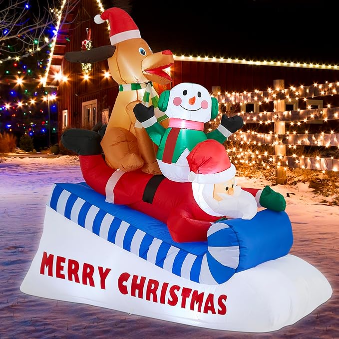 Glitzhome 6FT Inflatable Skiing Santa with Snowman and Dog, LED Christmas Yard Decoration, Animated Outdoor Indoor Xmas Decor with Merry Christmas Sign