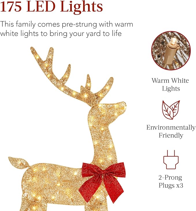 Best Choice Products 4ft 3-Piece 2D Lighted Christmas Deer Family Set, Large Outdoor Yard Reindeer Holiday Decoration with 175 LED Lights, Stakes, Zip Ties - Gold