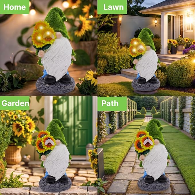 Garden Gnome Statues Decor with Solar Lights, Outdoor Decorations for Yard Porch Lawn Balcony Patio, Housewarming Gifts