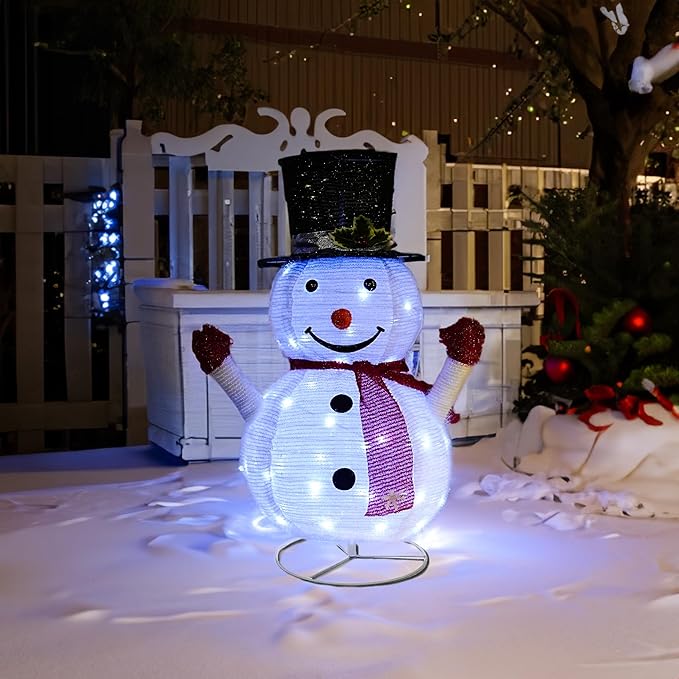 Dazzle Bright Christmas Snowman Decorations, 3FT Pre-Lit 48 LED Lighted Collapsible Snowman with Black Hat, Pop Up Snowman with Metal Stand for Indoor Outdoor Xmas Garden Yard Home Party Decor