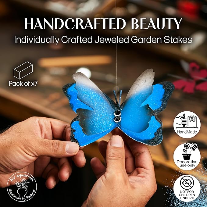 Handmade Sky Blue Butterfly Garden Stakes Set of 7 - Decorative Outdoor & Indoor Plant Decor - Nature Lover Gift Idea by Air Aquarium Kushner