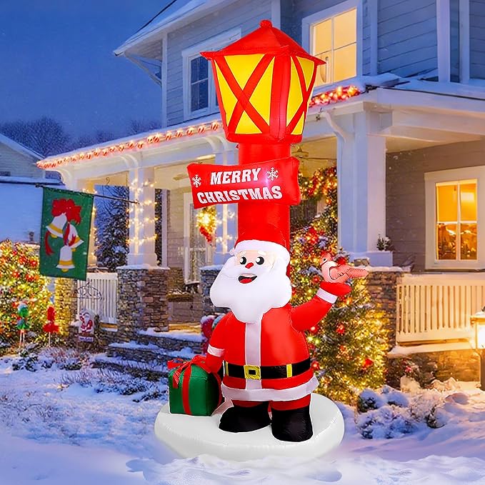 8FT Christmas Inflatable Yard Decoration, Giant Blow Up Lighthouse with Santa and Redbird with Built-in LED Lights for Front Door Lawn Garden Holiday Display Indoor Outdoor Decor