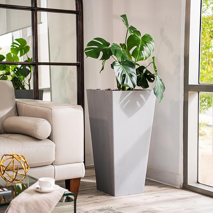 XBrand Modern 30-Inch Tall Square Planter, Tapered, Indoor & Outdoor, Patio Decor, Gray