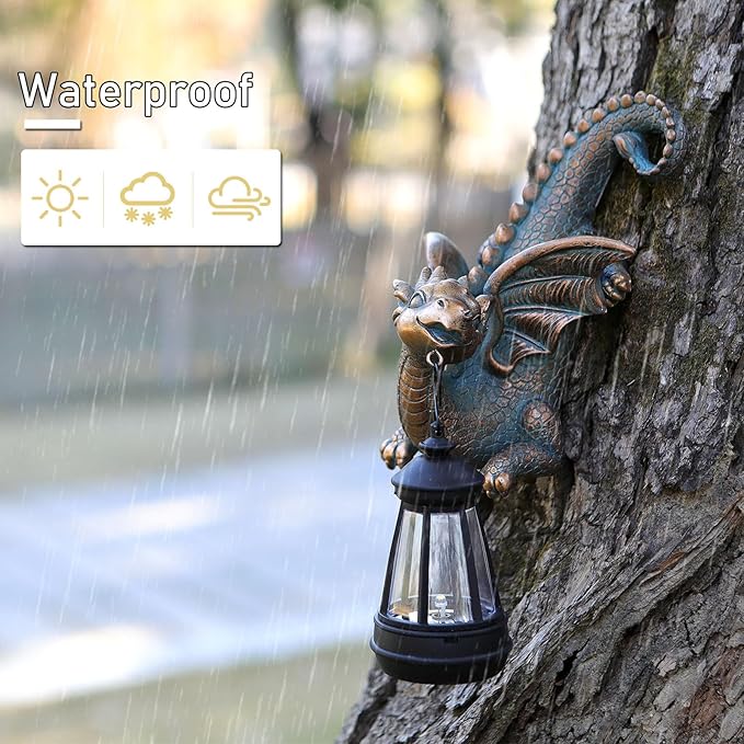 Garden Dragon Statue with Solar Light Outdoor Garden Decor for Outside Porch Patio Wall Tree Fence, Whimsical Yard Art Tree Hugger Decorations Figurine, Housewarming Gifts for Women Men Dragon Lovers