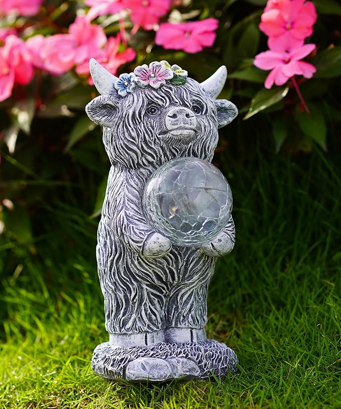 Solar Highland Cow Outdoor Decor:Garden Statue Sculpture Lamp with Ball for Yard Lawn Balcony Patio Porch- Birthday Gifts for Mom Women Grandma(Grey)