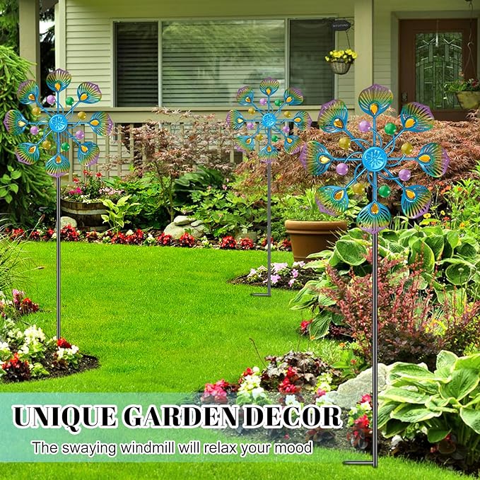 2PCS Wind Spinners Outdoor, 37" Metal Wind Sculpture Yard Art Decorations, Freestanding Windmill for Patio Lawn Garden Decor (2pcs-Blue Green)