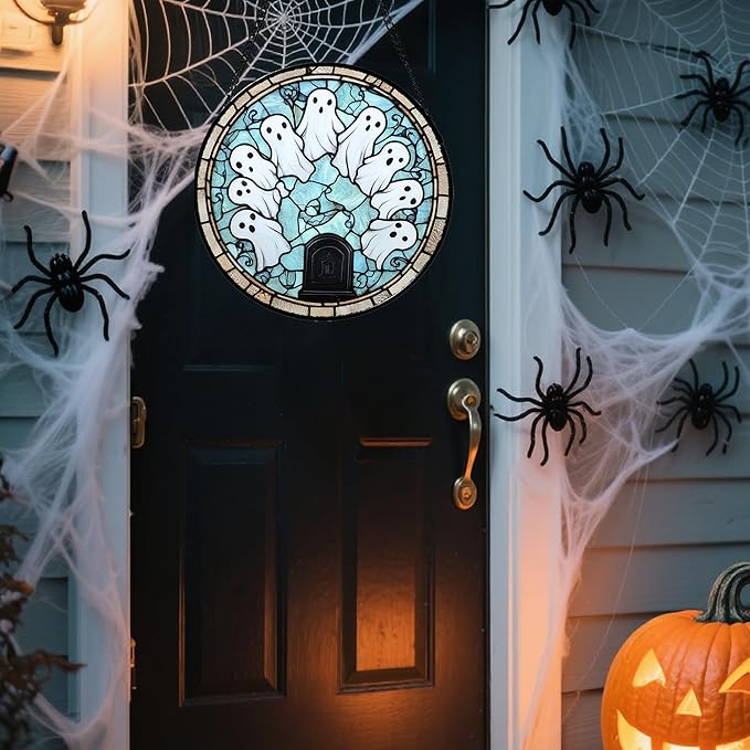 Stained Glass Window Hanging - Halloween Decorations Ghosts Tombstones Suncatcher for Doors Garden Indoor Spooky Funny Sun Catchers Gothic Decor Horror Gifts for Women Men Friend 7.8 in