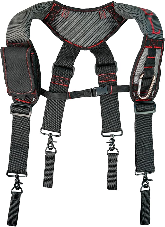 MELOTOUGH Gel Padded Tool Belt Suspenders Work Belt Suspender Tool Belt Suspenders with Gel shoulder for Electrician,Contruction,Carpenter (Trigger Snap Hook with Red Color)