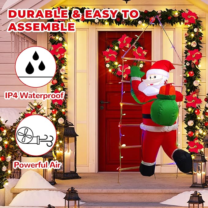 5 Ft Hanging Christmas Inflatables Decorations Santa Claus Climbing Decor - Hanging Santa with Gift Bag & Built-in LED Lights for Xmas Party, Lawn, Garden, Roof, Window Holiday Display