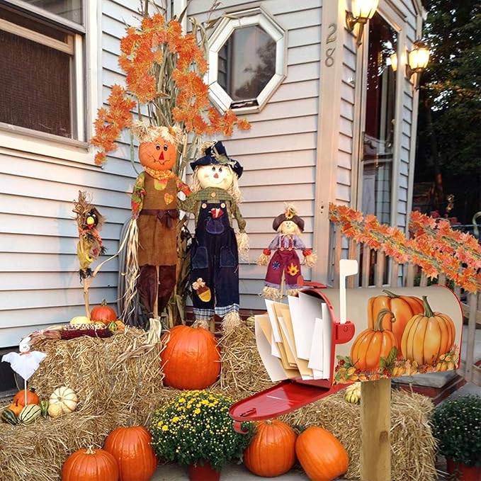 Autumn Fall Pumpkin Mailbox Cover, Thanksgiving Waterproof 25.1" Lx 21" W Magnet Mailboxes Cover, Large Size Mailbox Wraps Post Letter Box Case Garden Yard Outdoor Decorations