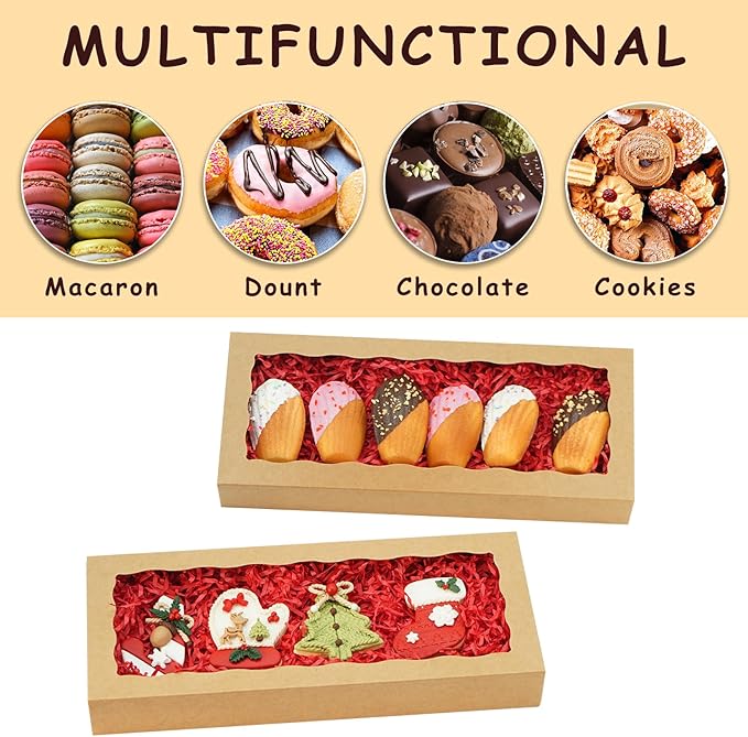 50pcs Cookie Boxes with window 12 x 5 x 1.5 Inch Bakery Boxes Treat Box Dessert Box for Wedding Party Favors - Brown