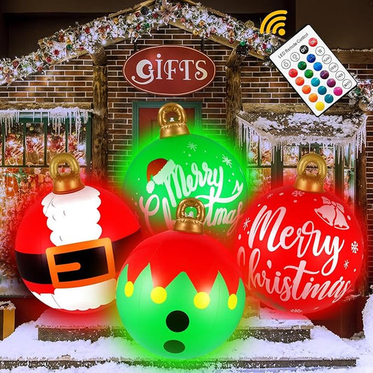 [Light up] Inflatable Ornaments Balls Outdoor 4Pcs: Flashes in Red | Green | Blue and Timer, 24 Inch Giant Christmas Inflatable Ornaments, Reusable PVC - Blow Up Ornament Balls for Yard, Porch, Party