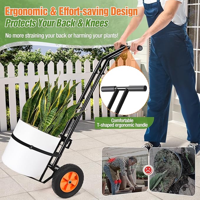 Plant Caddy with Wheels, Heavy Duty Plant Dolly Cart with Adjustable Grabbing Arm and Suction Cups for Plant Pots, Garden Pot Mover Trolley Cart with Strap, Ideal for Indoor and Outdoor Use, Black