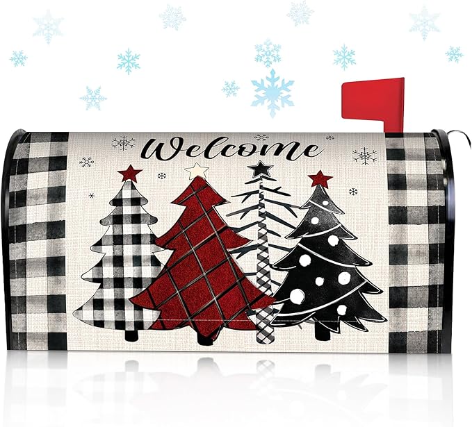 Blosssound Christmas Mailbox Cover Magnetic Standard Size 21 x 19 Inch, Winter Mailbox Cover Xmas Tree Decorative Post Letter Box Decor for Garden Yard Outdoor(Welcome)