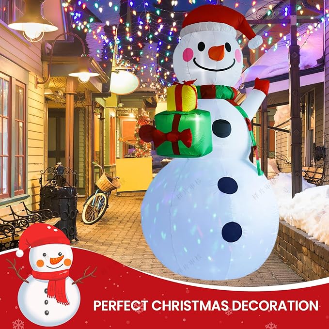 8FT Christmas Inflatable Outdoor Decoration Christmas Snowman with Gift Boxes Built-in Colored Lights & LED Lights Suitable for Yard, Lawn, Outdoor Holiday Party Decorations、