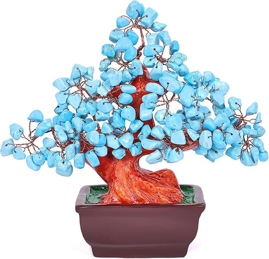 Feng Shui Quartz Crystal Money Tree Bonsai Style Decoration for Luck and Wealth (Blue)