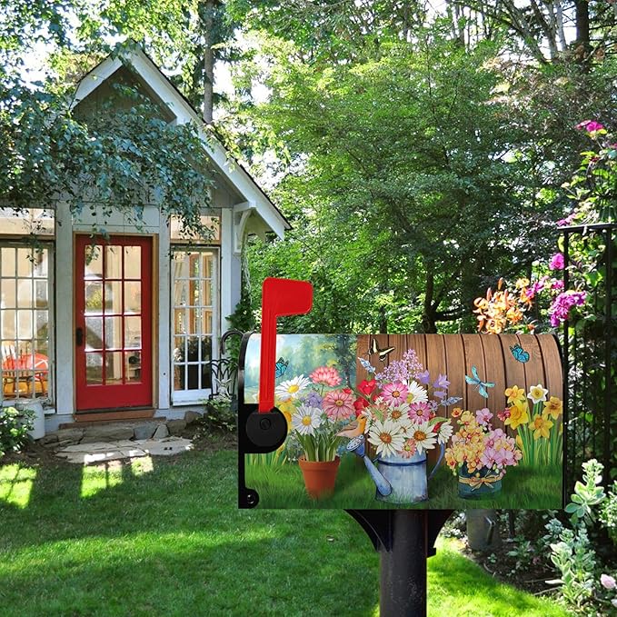 Spring Flower Mailbox Covers Magnetic Standard Size Summer Floral Butterfly Mailbox Wraps Colorful Farmhouse Mailbox Post Cover Welcome Mailbox Decor Waterproof for Garden Yard 21x18 Inch
