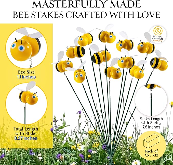 Handmade Bee Garden Stakes Set of 5 - Decorative Bumblebee Outdoor & Indoor Plant Decor - Nature Lover Gift Idea by Air Aquarium Kushner