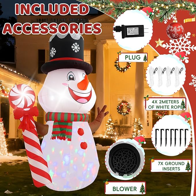 8FT Candy Cane Snowman Christmas Decoration with Built-in LED Lights and Colorful Rotating Lights, Christmas Outdoor Inflatable Decoration for Lawns, Yards, Gardens, and Patios