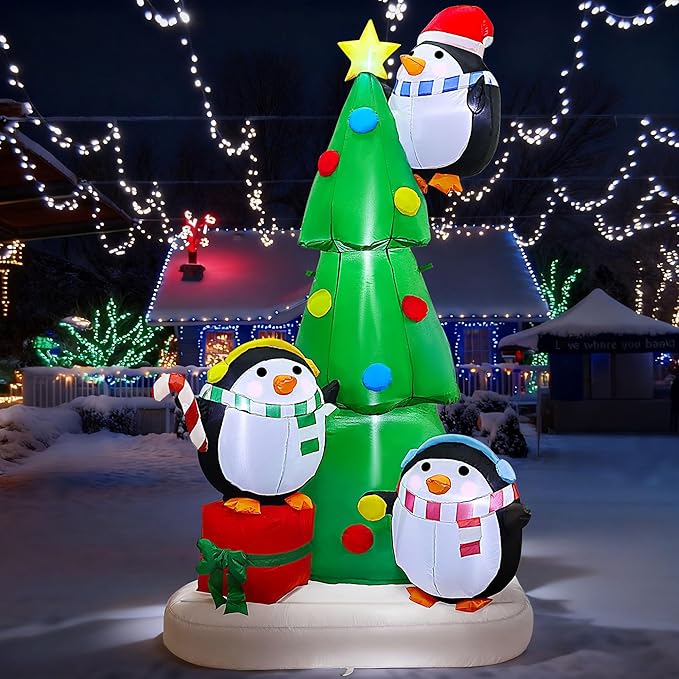 Joliyoou 8FT Christmas Inflatable Yard Decoration, Blow Up Giant Christmas Tree with Penguins Placing Star, Air-Blown Outdoor Holiday Display with Built-in LED and RGB Lights for Xmas Lawn Decor