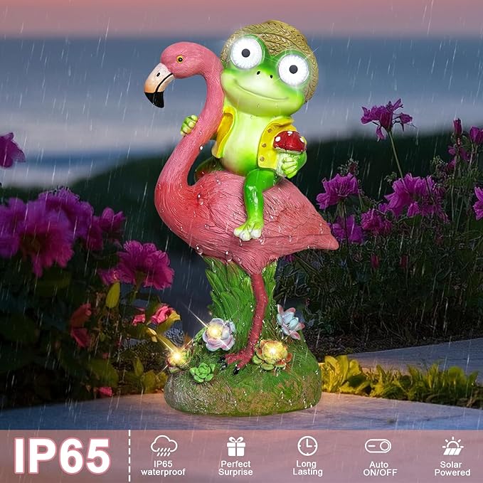 Solar Garden Decor Statue, Waterproof Flamingo Frog Outdoor Figurine with Lights, Cute Christmas Birthday Housewarming Gift for Women, Mom, Grandma, Art Decor for Yard Lawn Ornament