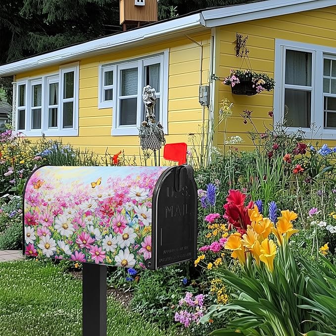Pink Flower Mailbox Cover Summer Butterfly Mailbox Covers Magnetic Standard Size Spring Daisy Mail Box Wrap Colorful Floral Post Letter Box Cover 21x18 inch for Garden Farmhouse Outdoor Decoration