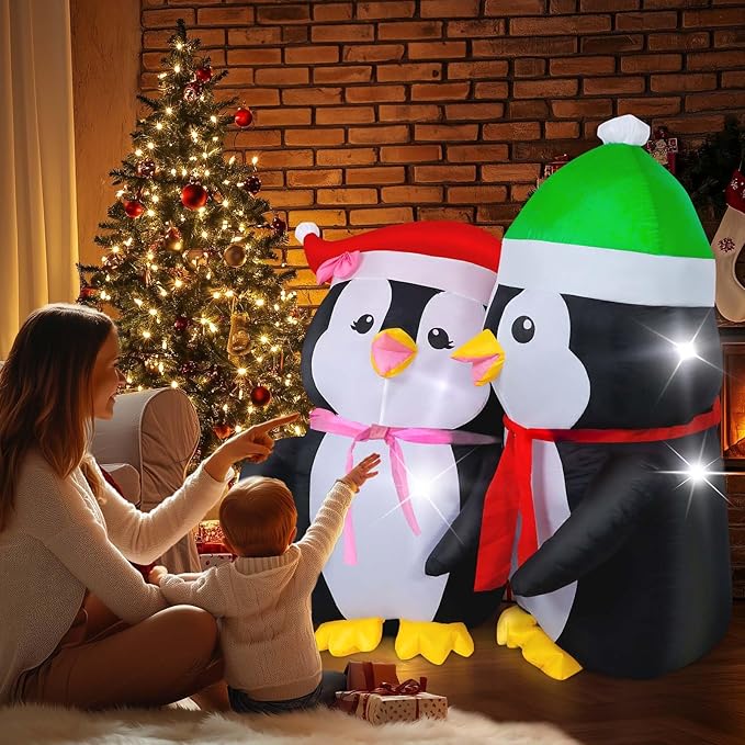 Christmas Inflatables Outdoor Decorations, with Rotating Colored Light+LED Lights, Large Blow Up Yard Decor,Christmas Party Outdoor, Yard, Garden, Lawn Winter (5FT Lovers Penguins)