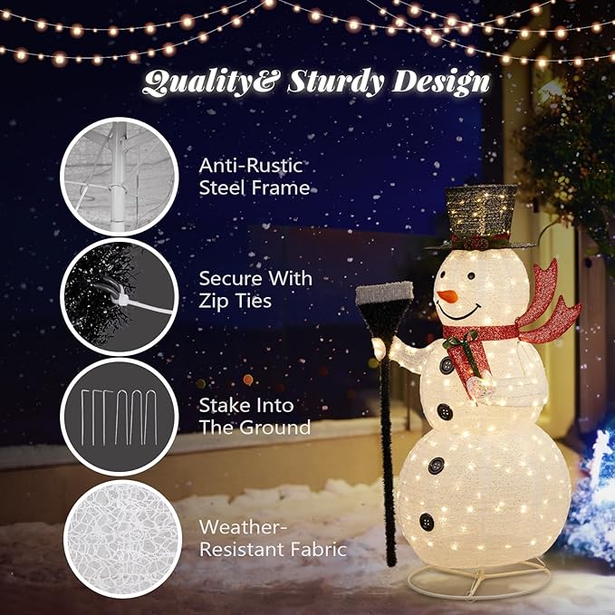 VINGLI 5FT Pop Up Lighted Snowman Christmas Decorations Outdoor Indoor, Prelit 200 Warm White LED Snowman with Broom & Stakes, Collapsible Xmas Yard Lawn Garden Front Porch Patio Holiday Decor